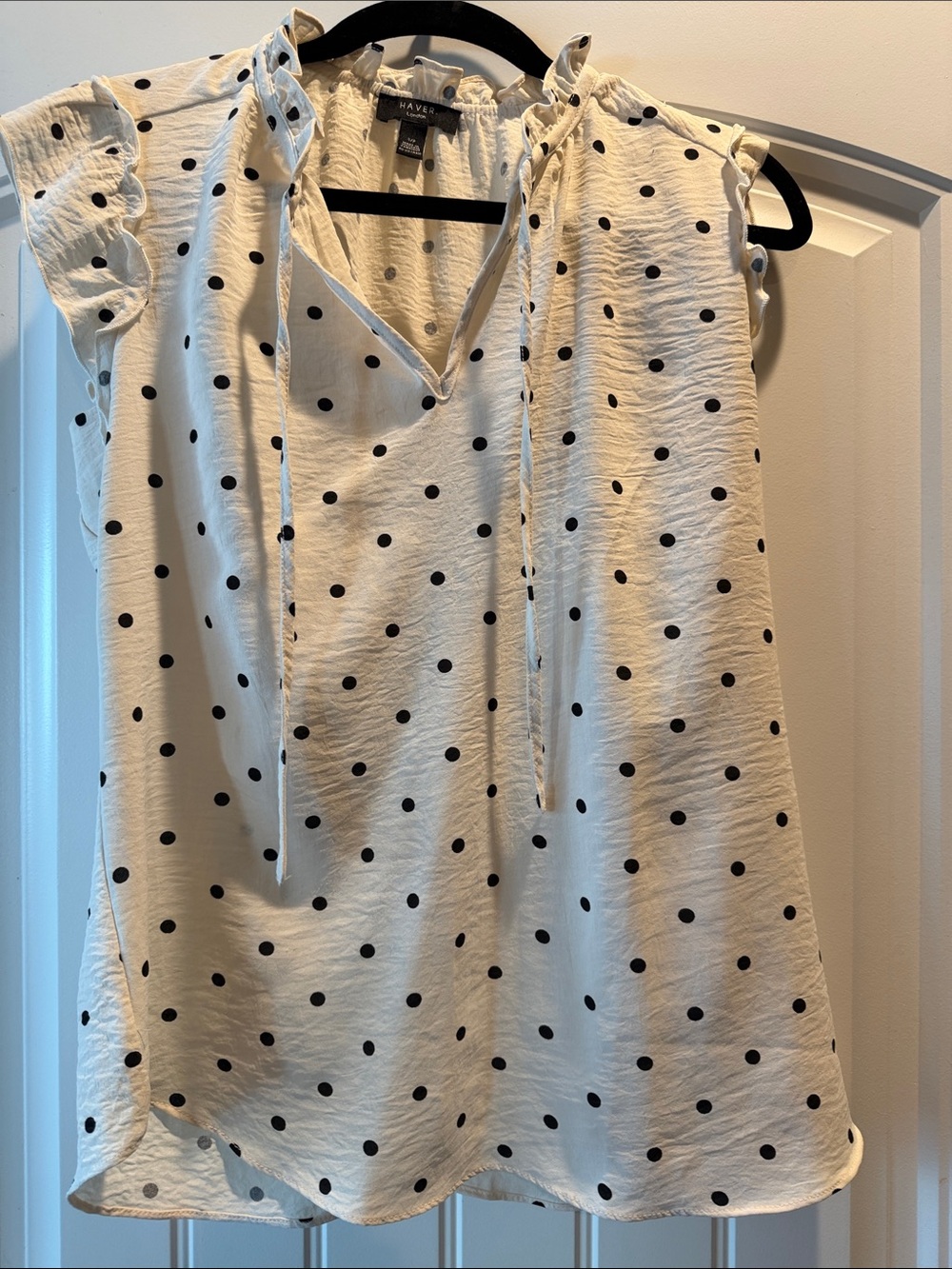 Have London Polka Dot Ruffle Tie Neck Blouse - Black on Cream